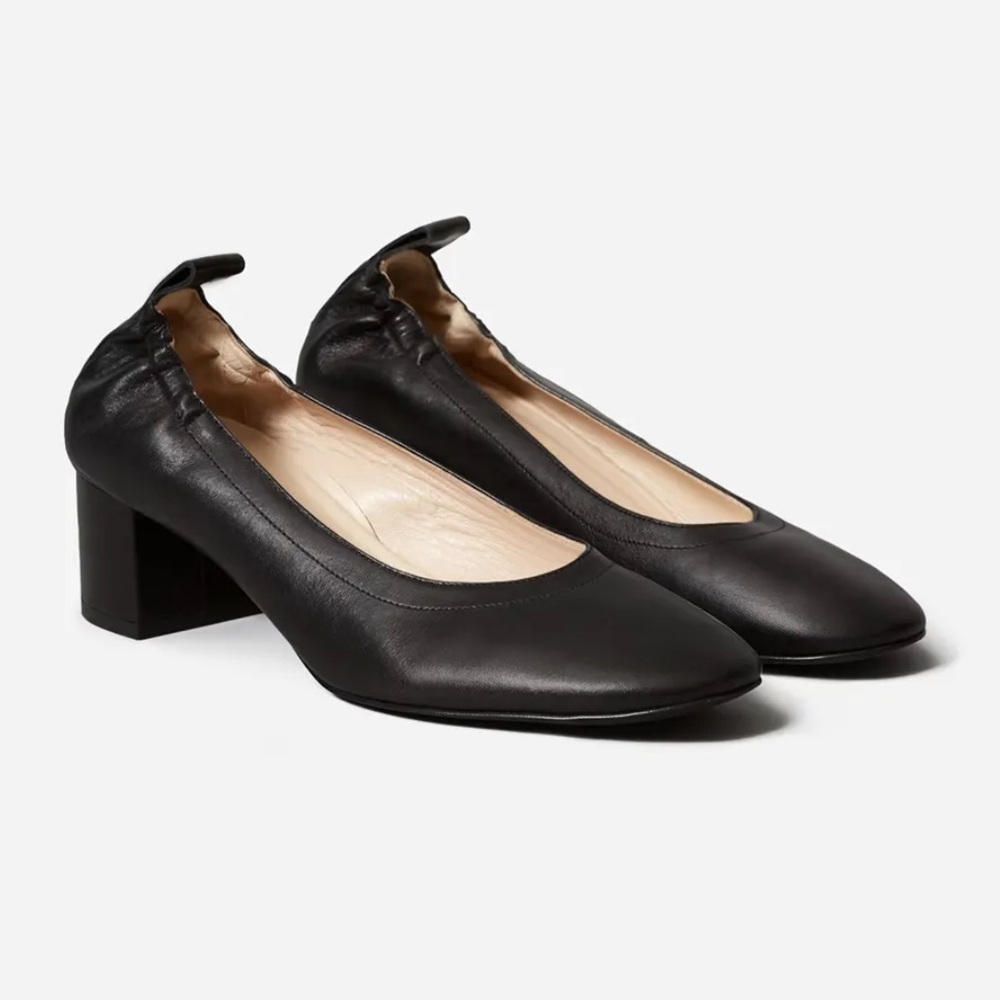 Black Leather Block Heel Pumps